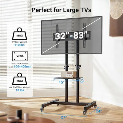 Rolling TV Stand on Wheels for 32-83 Inch Screens up to 110lbs, Mobile TV Cart Height Adjustable Portable Outdoor TV Stand Tilt Rolling TV Cart with Shelf Max VESA 600x400mm PSTVMC03