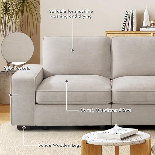 100" Modular Sofa with Seats Storage, Comfy 3-Seater Chenille Fabric Couch for Living Room, Office, Apart W/Deep Seat, Wide Arms, Side Pockets, USB, Removable Covers, Upholstered Couch/Beige