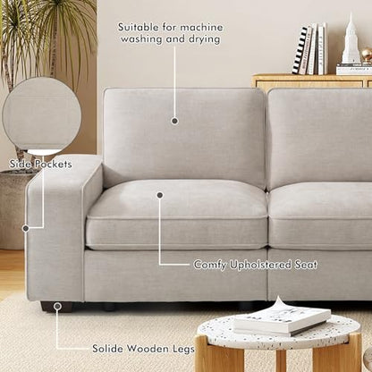 100" Modular Sofa with Seats Storage, Comfy 3-Seater Chenille Fabric Couch for Living Room, Office, Apart W/Deep Seat, Wide Arms, Side Pockets, USB, Removable Covers, Upholstered Couch/Beige