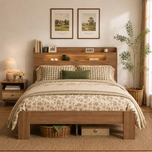 Wooden Queen Bed Frame with Storage Headboard, Farmhouse Platform, view 2
