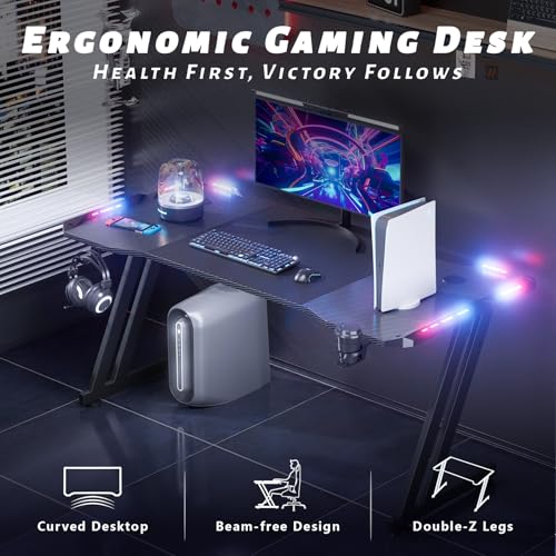 55 Inch Gaming Desk Z Shaped Carbon Fiber Computer Desk with LED, view 6