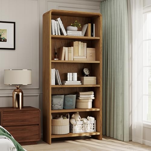 71" Tall Bookcase 5 Shelves Wood Bookshelf with Curved Soft Edges, view 2