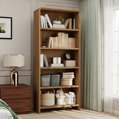 71" Tall Bookcase 5 Shelves Wood Bookshelf with Curved Soft Edges, view 2
