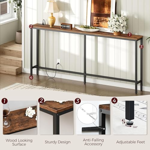 70.9" Console Table with Power Outlet, Narrow Sofa Table, Brown, view 5