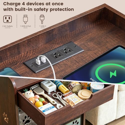 Wooden Dog Crate Furniture with Charging Station, Small Dog Crate End Table, view 5