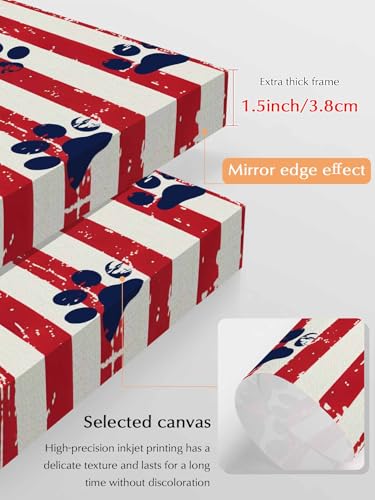 NuYeBiofx Retro Paw Prints Red Stripe Burlap Canvas Wall Art Prints,48"x32" Framed Picture Artwork 4th of July Patriotic Flag Printed Canvas Oil Painting for Living Room Bedroom Office,Ready to Hang