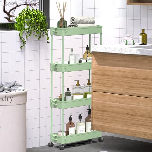 Slim Rolling Storage Cart 4 Tier Bathroom Organizer Utility Cart Mobile Shelving Unit Tower Rack for Kitchen, Laundry Room, Bathroom, Narrow Places, Green
