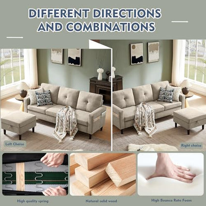 79" Convertible Sectional Sofa, Small L Shaped 3 Seat Couch with Storage Chaise and Side Pocket, Modern Polyester Fabric Reversible Sofa Couches for Living Room, Apartment and Small Space