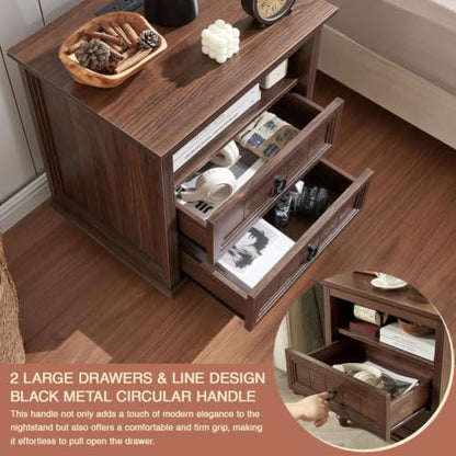 Farmhouse Nightstand with Charging Station, 22" Large End Table with 2 Drawers & Open Shelf, Rustic Wood Square Sofa Side Bedside Table w/4 Solid Wood Feet for Living Room, Bedroom,Walnut