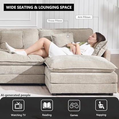 76.7" W Modular Cloud Sectional Sofa Couch for Small Spaces, Deep Seat Loveseat with Ottoman Chaise, Comfy Chenille 2 Seat L Shaped Couch for Living Room Apartment Dorm, Camel