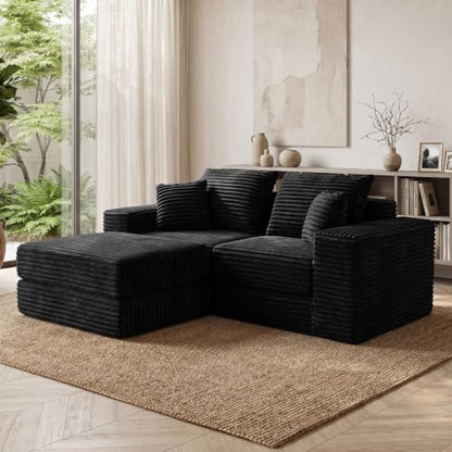 75'' L-Shaped Cloud Modular Sectional Couch with Chaise, Modern Corduroy Memory Foam Sofa Bed, Upholstered Boneless Deep Seat Fluffy Sleeper Sofa, for Living Room, No Assembly Needed (Black)