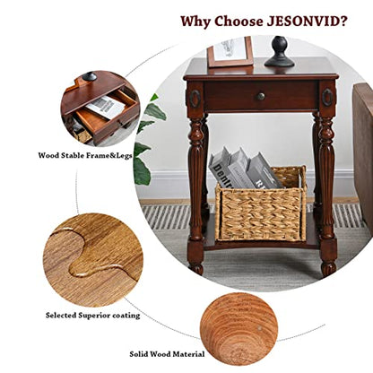 Solid Wood Retangle End Table with Drawer and Storage Shelf, 28"H Traditional Vintage Side Table Polished Edging Sofa Table Bedside Nightstand for Living Room Bedroom Home, Cherry Walnut GBJ-1533-WD