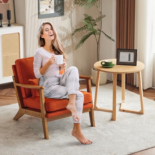 Mid-Century Lounge Accent Chair, Burnt Orange | Wide Curved Armrest, Linen Fabric, Lumbar Pillow Included, Solid Wood Frame, For Living Room, Bedroom, Balcony, Apartment