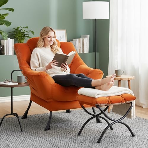 Lazy Chair with Ottoman, Modern Accent Chair Contemporary Sofa Chair with Armrests, Reading Chair and Folding Footstool Set for Living Room, Bedroom, Orange