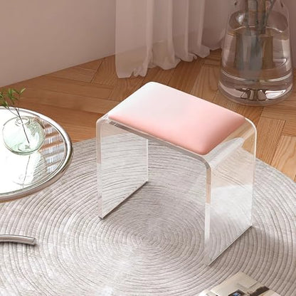 Clear Acrylic Vanity Stool with Sherpa Cushion,Modern Acrylic Side Table,Multifunctional Ottoman Foot Rest Or Makeup Room, Living Room, Bedroom Furniture