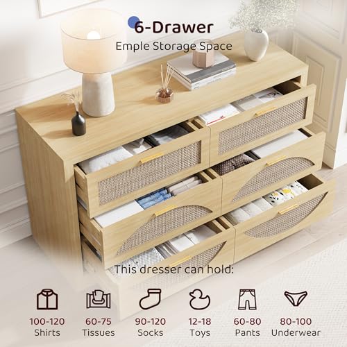 12 Drawer Rattan Dresser for Bedroom,Boho 94.4" Natural Wood Chest of Drawers,TV Stand with Metal Handle,Large Storage Closet Organizer for Living Room,Hallway,Natual Oak