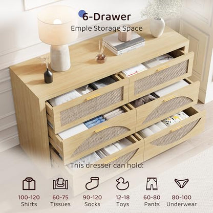 12 Drawer Rattan Dresser for Bedroom,Boho 94.4" Natural Wood Chest of Drawers,TV Stand with Metal Handle,Large Storage Closet Organizer for Living Room,Hallway,Natual Oak