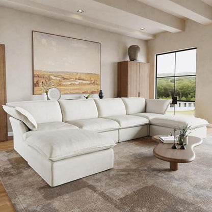 U-Shaped White Cloud Sectional Couches, Deep 6-Seats Convertible Couch, Modular Sofa with Chaise Ottomans, Sofas Furniture for Living Room Bedroom Office Apartment (White)
