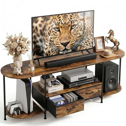 63 Inch TV Stand for TVs Up to 70 Inch, Rustic Brown Entertainment Center with 2 Fabric Drawers, Modern TV Console Table with Curved Edge, Wood Media Stand for Living Room Bedroom