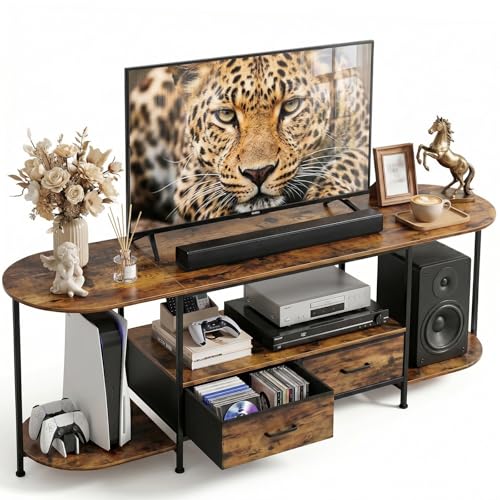 63 Inch TV Stand for TVs Up to 70 Inch, Rustic Brown Entertainment Center with 2 Fabric Drawers, Modern TV Console Table with Curved Edge, Wood Media Stand for Living Room Bedroom