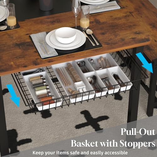 Dining Table Set for 4-6 People,Industrial Dining Table with 2 Benches and 2 Chairs,Kitchen Table Set with Storage Rack for Dining Room,Saving Space,Rustic Brown
