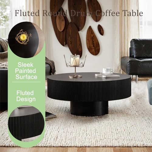30.9” Black Fluted Drum Table-Round Wood Coffee Table | Low Profile Circle Accent Table for Small Space, Living Room
