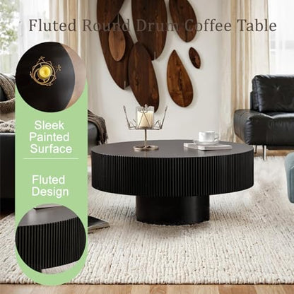 30.9” Black Fluted Drum Table-Round Wood Coffee Table | Low Profile Circle Accent Table for Small Space, Living Room