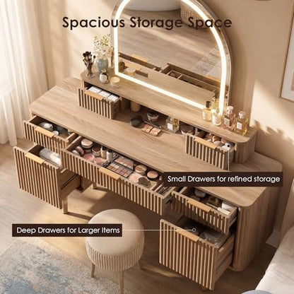 55.7" Fluted Vanity Desk with Arched Mirror, Modern Makeup Vanity, Oak, view 7
