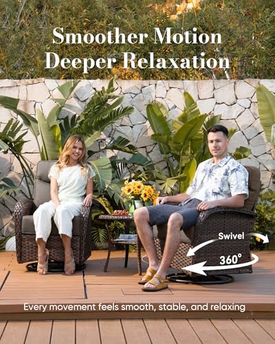 Upgraded 6“ Cushion Luxury 5 Pieces Patio Furniture Set - All Weather Wicker Outdoor Swivel Rocker Patio Chairs of 2 with Ottomans, High Back Glider Chairs Set for Deck Porch - Brown/Grey