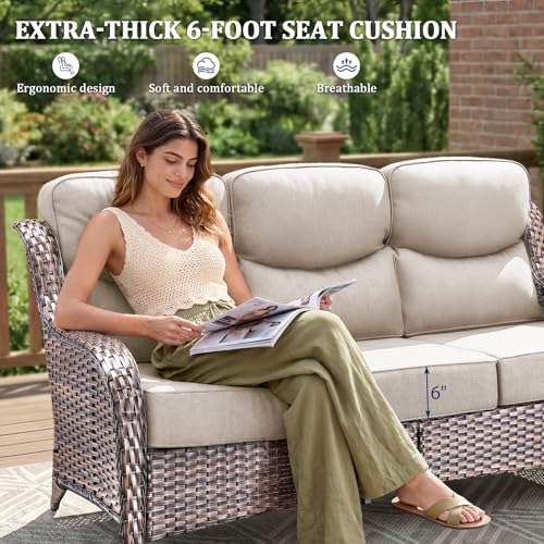 Luxury Swivel Rocker Chair Sofa Set with 6" Thick Cushions,8-Piece Wicker Patio Chair with Coffee Table and Ottoman,Outdoor Comfortable High Back Chair Patio Furniture Set - Brown | Beige