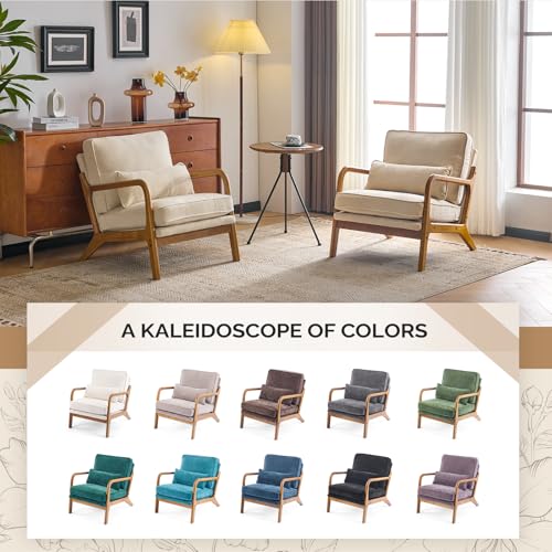 Chenille Mid-Century Modern Accent Chair Set of 2, Cute Reading Arm Chair with Cushion & Lumbar Pillow & Solid Wood Frame for Lounge, Living Room, Reading Room, Bedroom,Cream