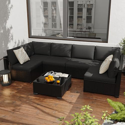 7-Piece Patio Furniture Set, All-Weather PE Rattan Outdoor Sectional Sofa, Modular Wicker Conversation Set with Thick Washable & Easy-Clean Coffee Table（Black/Black-X）