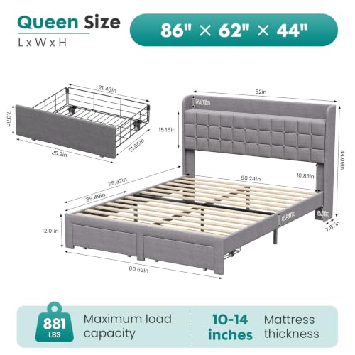 Queen Bed Frame, Upholstered Platform Bed Frame with Storage Drawers, view 3