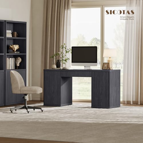 61" Large Home Office Desk with Storage Fluted Office Desks with 2 Doors & 1 Drawer Modern Executive Desk Wooden Study Desk Writing Desks Vanity Table for Living Room Bedroom, Black Alder