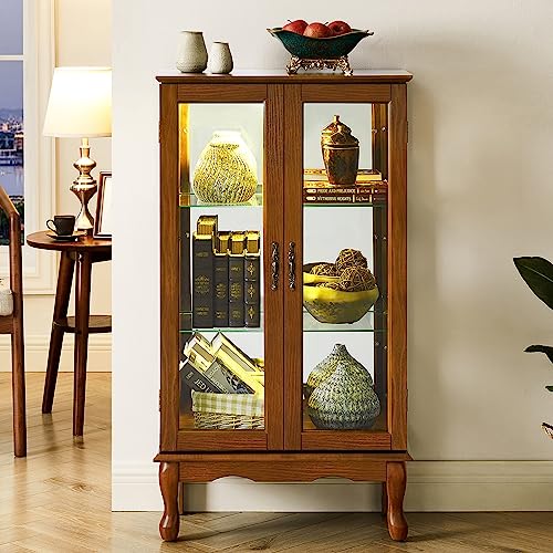 Curio Cabinet Lighted Curio Diapaly Cabinet with Adjustable Shelves and Mirrored Back Panel, Tempered Glass Doors (Oak, 3 Tier), (E26 Light Bulb not Included)