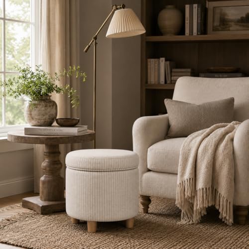 19" Round Storage Ottoman - White Woven Stripe