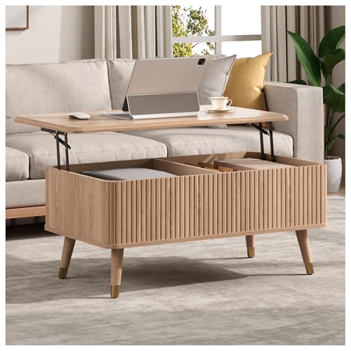 Lift Top Coffee Table with Storage, Mid Century Modern Coffee Table with Solid Wood Legs, 38" Minimalist Fluted Center Table for Living Room, Home Office, Natural Oak