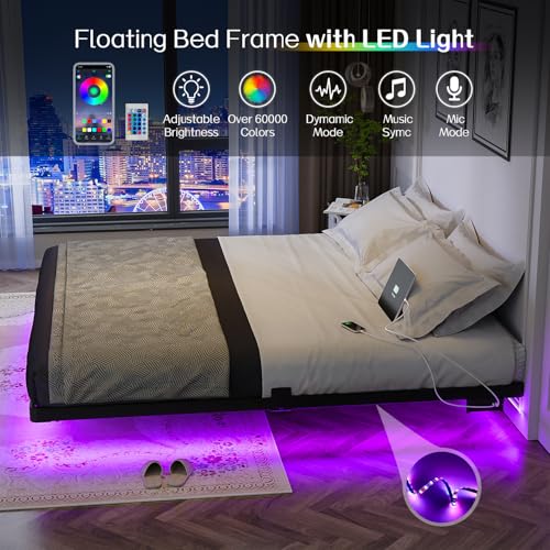 Metal King Size Bed Frame with LED Lights and Charging Station, view 5