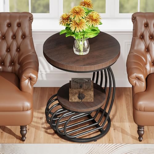 Tribesigns Round End Side Table: Side Table with 2 Tiers Storage Shelves, Vintage End Table for Living Room, Small Bedside Table Accent Table with Arc-Shaped Frame, Rustic Brown