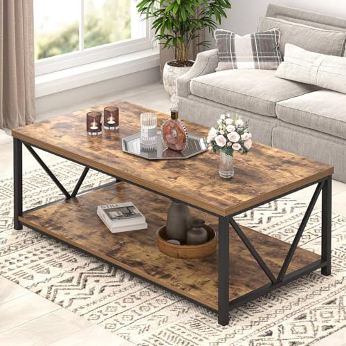 Modern Coffee Table, Rustic Wood and Metal Living Room Table with Storage Shelf, Industrial Rectangle Center Table, 47 Inch Brown