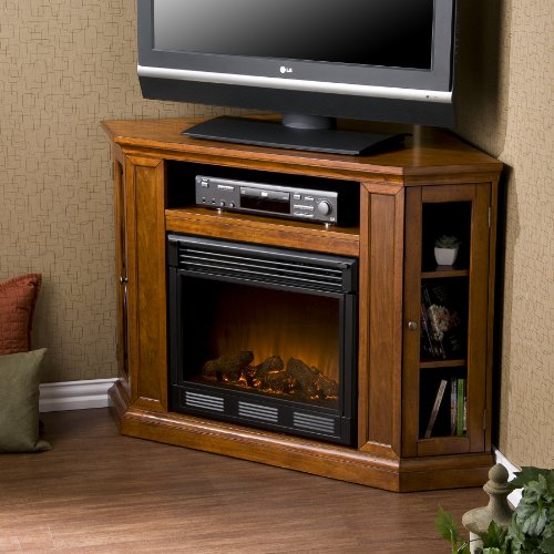 Claremont Convertible Corner Electric Fireplace Media Stand with Storage, Brown Mahogany
