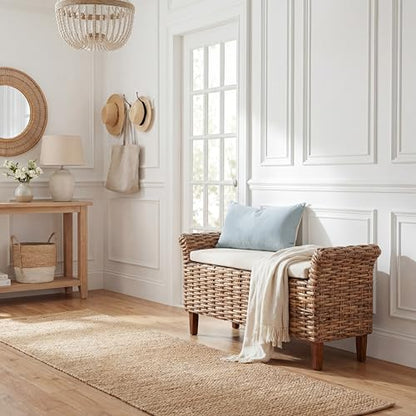 SAFAVIEH Furniture - Palermo Bench - White & Brown - Mango Wood - Coastal Woven Design - Ideal for Entryway, Bedroom, Living Room (FOX6533A)