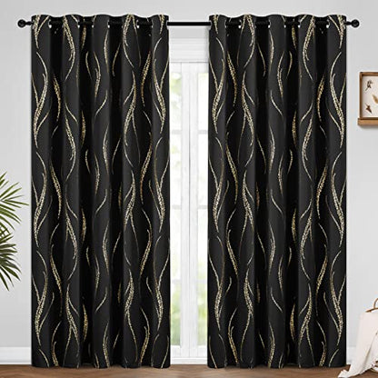 Blackout Curtains 84 inch Length Living Room Thermal Insulated Gold Wave Line Dots Pattern Curtains Room Darkening Grommet Curtains for Bedroom, Black, W62 x L84-inch, 2 Panels