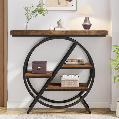 Tribesigns Console Table, 40-Inch Entryway Table with Storage Shelves, 4-Tier Industrial Hallway Sofa Table with Geometric Metal Frame, Accent Table for Living Room, Entryway, Rustic Brown