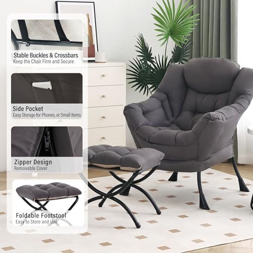 Lazy Chair with Ottoman, Modern Chair with Folding Footrest, Dark Grey Accent Chair, Comfortable Reading Chair, Oversized Armchairs for Bedroom, Study, Living Room, Courtyard