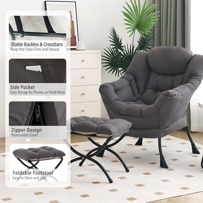 Lazy Chair with Ottoman, Modern Chair with Folding Footrest, Dark Grey Accent Chair, Comfortable Reading Chair, Oversized Armchairs for Bedroom, Study, Living Room, Courtyard