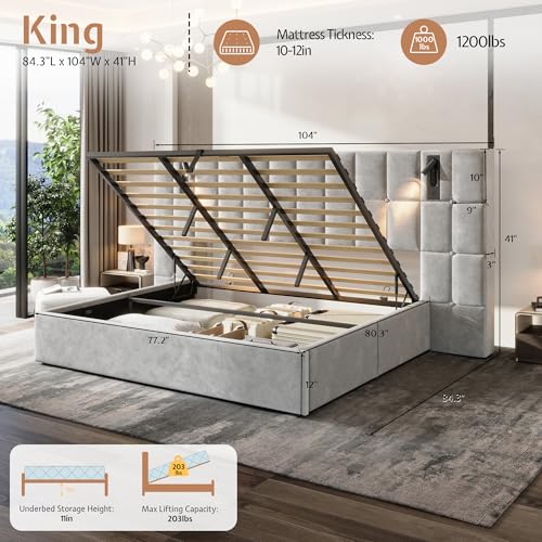 King Bed Frame Velvet Upholstered with Lift-Up Storage, Gray, view 3