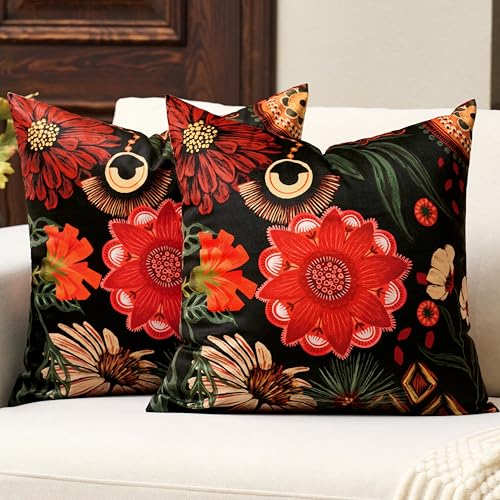 Black Red Boho Floral Velvet Throw Pillow Covers 16x16 Inch Set of 2 Vintage, view 2