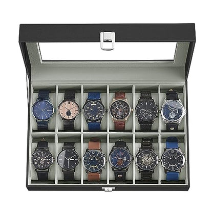 Watch Box, 12-Slot Watch Case Organizer with Large Glass Lid, Removable Pillows, view 2