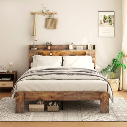 Wooden Queen Size Bed Frame with Storage Headboard, view 8
